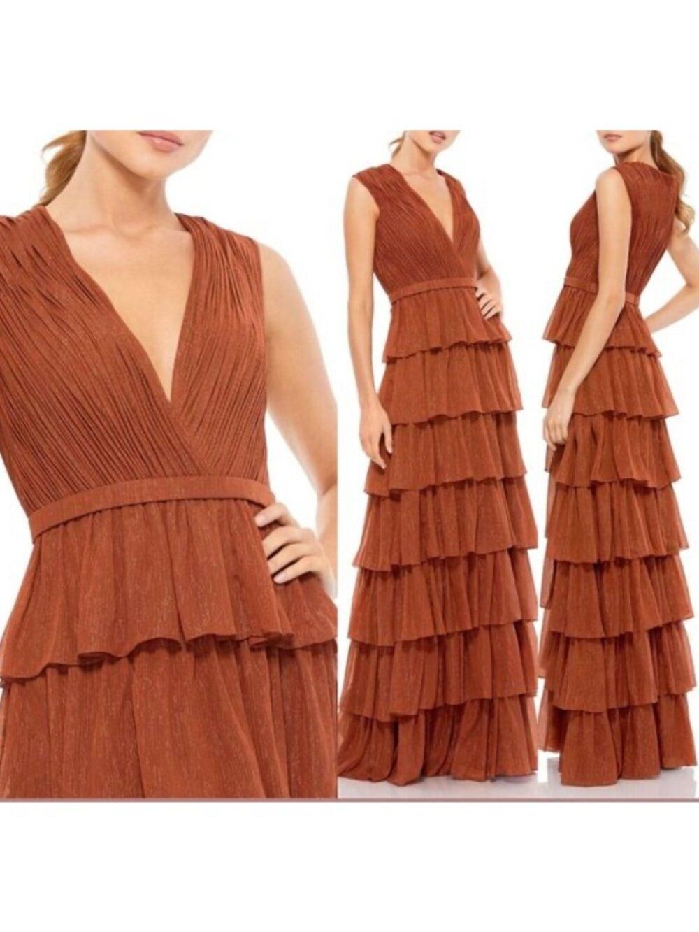 Mac Duggal Plunge Neck Layered Ruffle Tiered Gown Dress Size 22